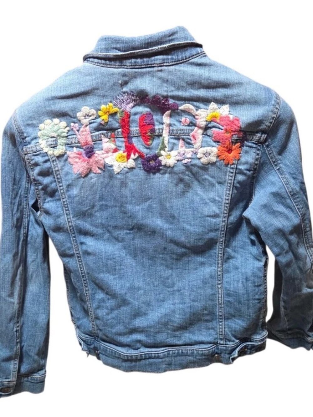 Anthropologie Pilcro Letterpress Amore Embroidered Floral Denim Jacket Sz Small